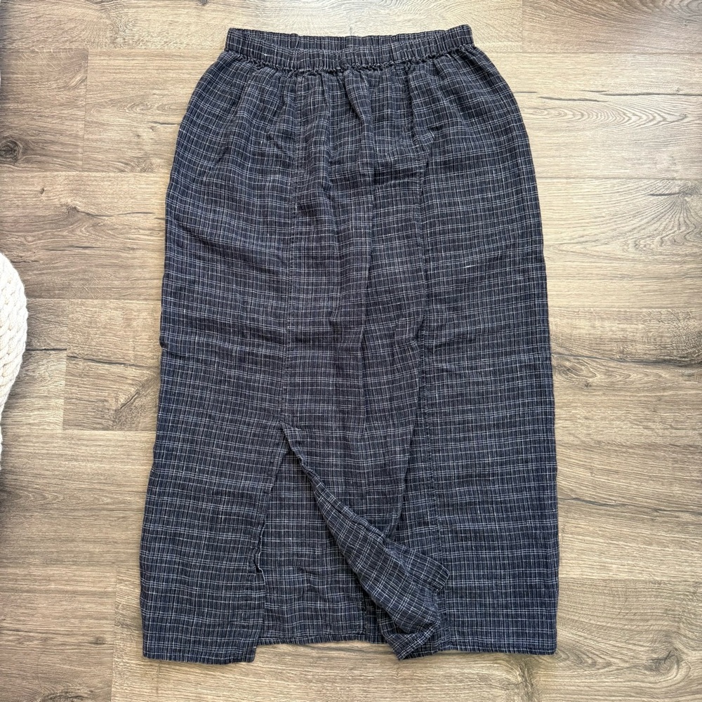 FLAX Black 100% Linen Plaid Long Skirt size Medium Women